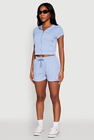Womens Ribbed Knit Short Sleeve Zip Front Hoodie, S