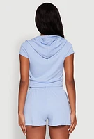 Womens Ribbed Knit Short Sleeve Zip Front Hoodie, S