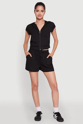 Womens Ribbed Knit Drawstring Shorts, Black,