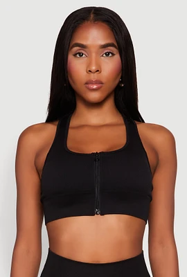 Womens Seamless Zip Front Sports Bra, Black, Size S-M