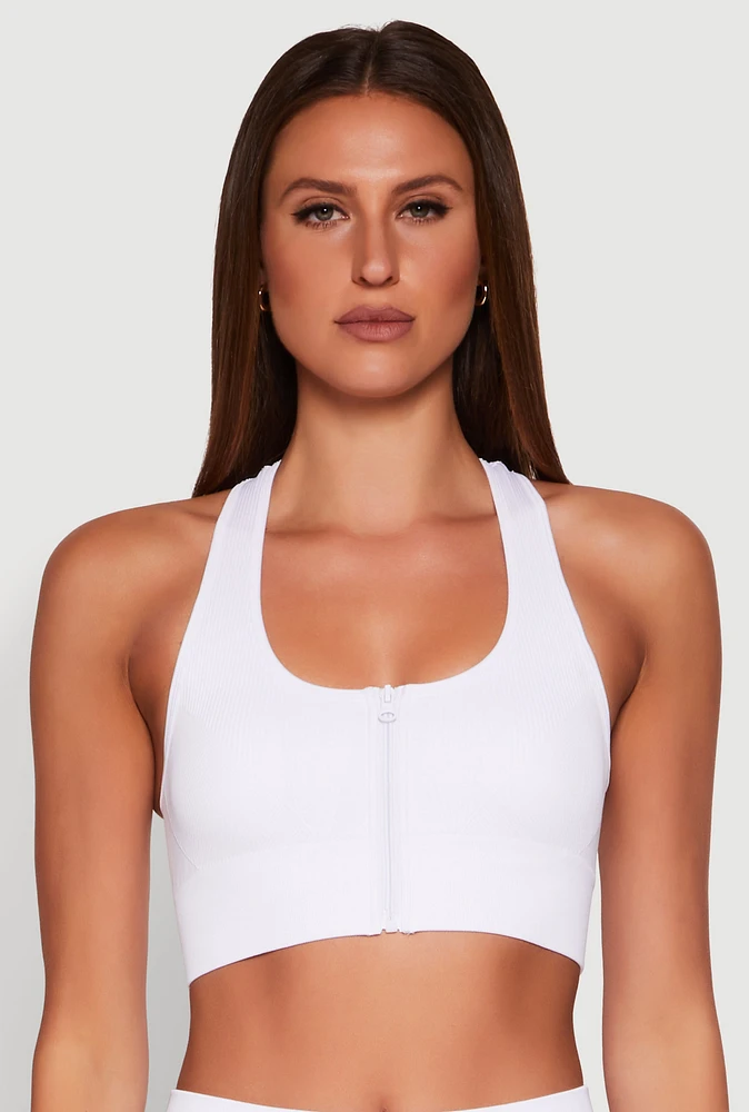 Womens Seamless Zip Front Sports Bra, White,