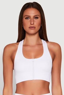 Womens Seamless Zip Front Sports Bra, White,
