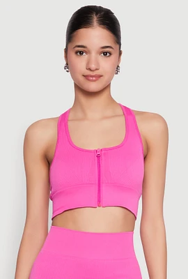 Womens Seamless Zip Front Sports Bra, Pink, Size S-M