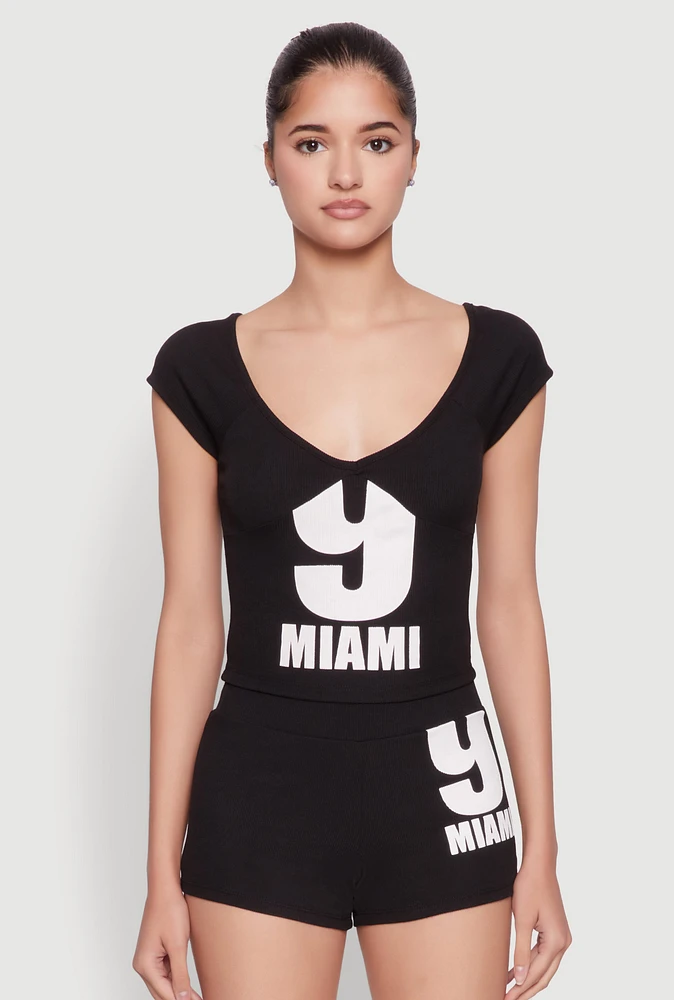 Womens 9 Miami Graphic Top, Black, Size L