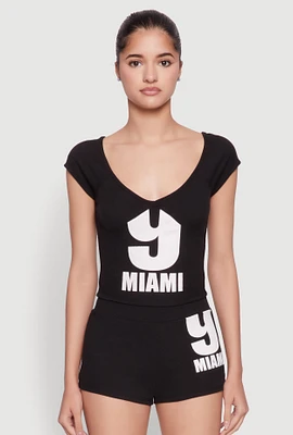 Womens 9 Miami Graphic Top, Black, Size L