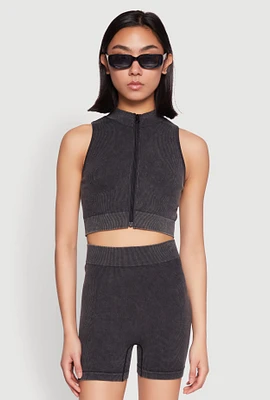Womens Mineral Wash Seamless Zip Front Crop Top, Black,