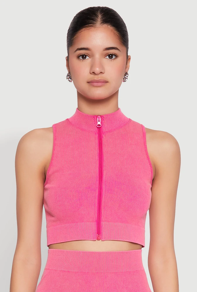 Womens Mineral Wash Seamless Zip Front Crop Top, Pink, Size L-XL
