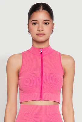 Womens Mineral Wash Seamless Zip Front Crop Top, Pink, Size L-XL