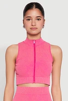 Womens Mineral Wash Seamless Zip Front Crop Top, Pink, Size L-XL