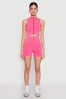 Womens Mineral Wash Seamless Zip Front Crop Top, Pink, Size L-XL