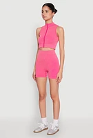 Womens Mineral Wash Seamless Zip Front Crop Top, Pink, Size L-XL