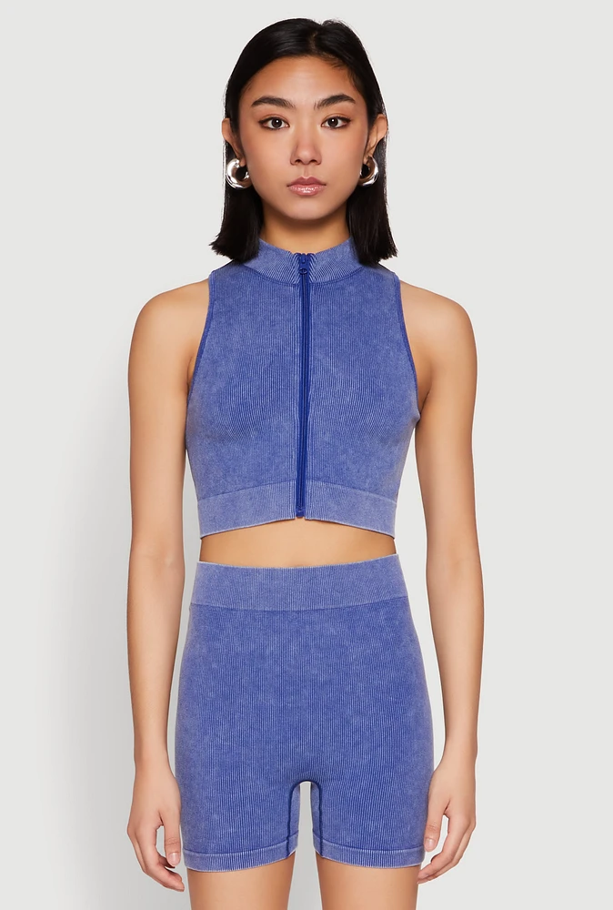 Womens Mineral Wash Seamless Zip Front Crop Top,