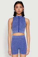Womens Mineral Wash Seamless Zip Front Crop Top,