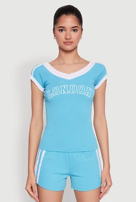 Womens Contrast Trim London Graphic Top, Blue,