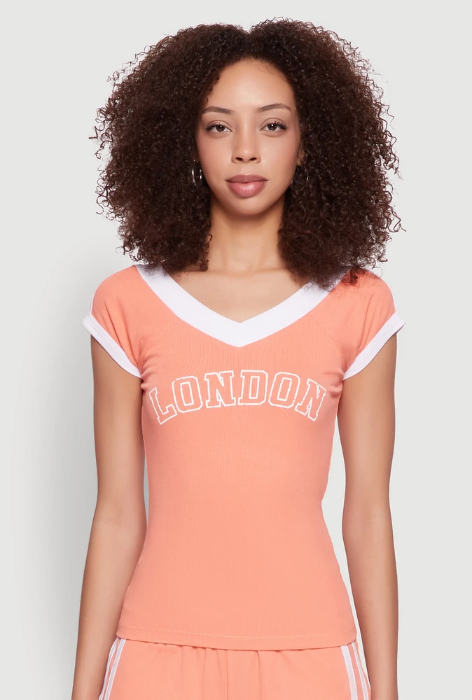 Womens Contrast Trim London Graphic Top, Orange, Size S