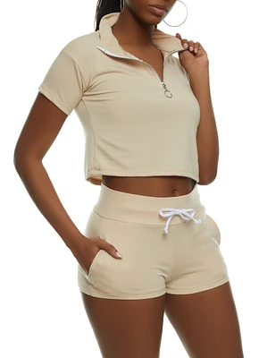 Womens Solid Zip Neck Cropped Polo Shirt, Beige, Size S