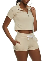 Womens Solid Zip Neck Cropped Polo Shirt, Beige, Size S