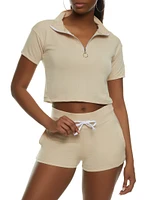 Womens Solid Zip Neck Cropped Polo Shirt, Beige, Size S