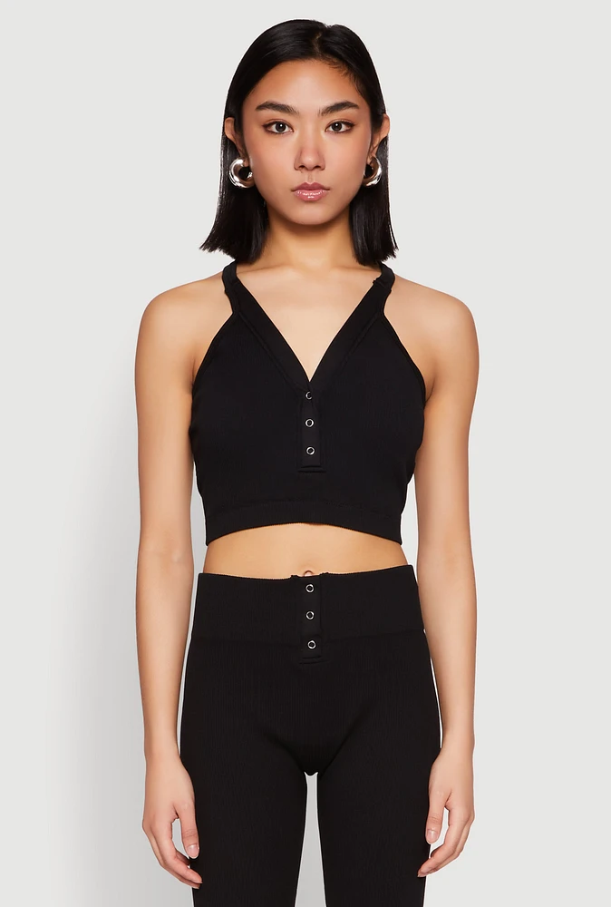 Womens Sleeveless Racerback Henley Crop Top,