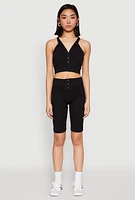 Womens Sleeveless Racerback Henley Crop Top,