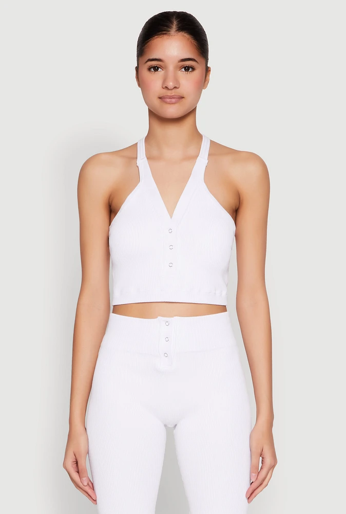 Womens Sleeveless Racerback Henley Crop Top, White, Size L-XL