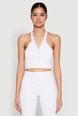 Womens Sleeveless Racerback Henley Crop Top, White, Size L-XL