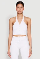 Womens Sleeveless Racerback Henley Crop Top, White, Size L-XL