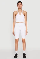 Womens Sleeveless Racerback Henley Crop Top, White, Size L-XL