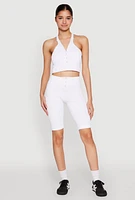 Womens Sleeveless Racerback Henley Crop Top, White, Size L-XL