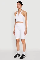 Womens Sleeveless Racerback Henley Crop Top, White, Size L-XL
