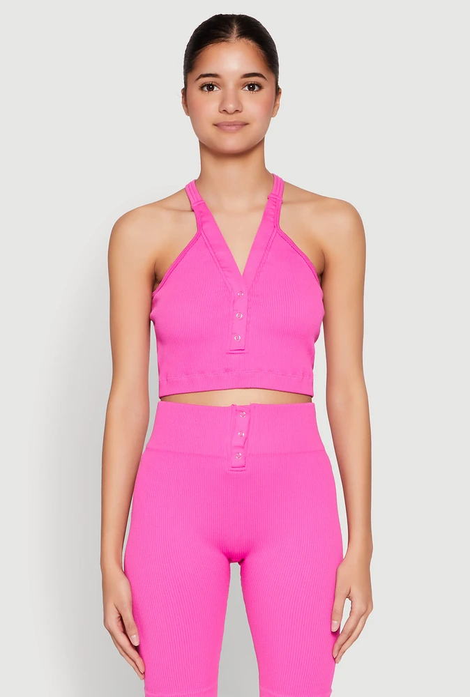 Womens Sleeveless Racerback Henley Crop Top, Pink, Size L-XL