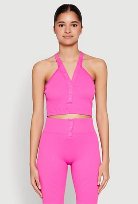 Womens Sleeveless Racerback Henley Crop Top, Pink, Size L-XL