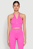 Womens Sleeveless Racerback Henley Crop Top, Pink, Size L-XL