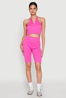 Womens Sleeveless Racerback Henley Crop Top, Pink, Size L-XL