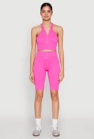 Womens Sleeveless Racerback Henley Crop Top, Pink, Size L-XL