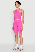 Womens Sleeveless Racerback Henley Crop Top, Pink, Size L-XL