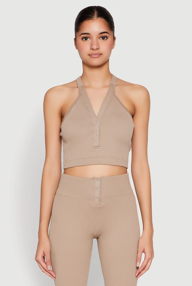 Womens Sleeveless Racerback Henley Crop Top, L-XL
