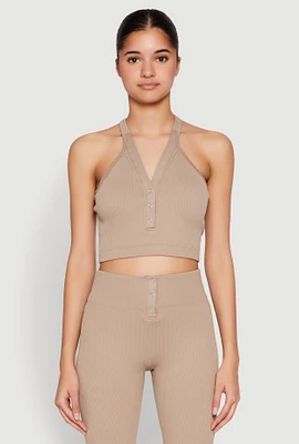 Womens Sleeveless Racerback Henley Crop Top, L-XL