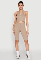 Womens Sleeveless Racerback Henley Crop Top, L-XL
