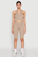 Womens Sleeveless Racerback Henley Crop Top, L-XL
