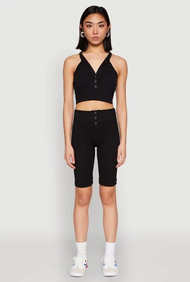 Womens Seamless Ribbed Button Detail Biker Shorts, Black, Size S-M