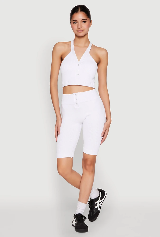 Womens Seamless Ribbed Button Detail Biker Shorts, White, Size L-XL
