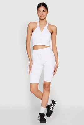 Womens Seamless Ribbed Button Detail Biker Shorts, White, Size L-XL