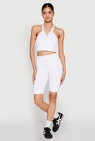 Womens Seamless Ribbed Button Detail Biker Shorts, White, Size L-XL