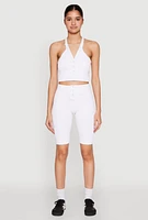 Womens Seamless Ribbed Button Detail Biker Shorts, White, Size L-XL