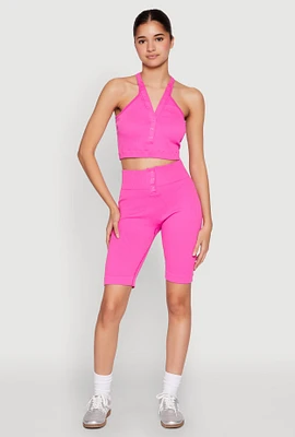 Womens Seamless Ribbed Button Detail Biker Shorts, Pink, Size S-M