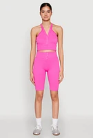 Womens Seamless Ribbed Button Detail Biker Shorts, Pink, Size S-M