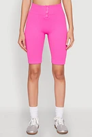 Womens Seamless Ribbed Button Detail Biker Shorts, Pink, Size S-M