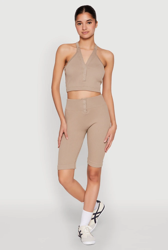 Womens Seamless Ribbed Button Detail Biker Shorts, Khaki, Size S-M
