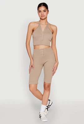 Womens Seamless Ribbed Button Detail Biker Shorts, Khaki, Size S-M